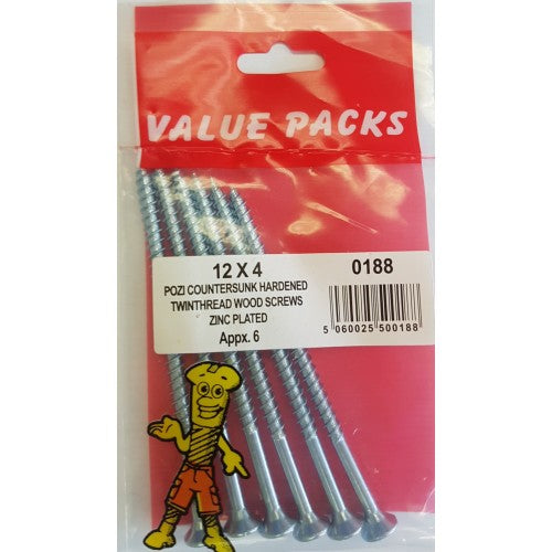 FastPak 12 X 4'' Pozi Csk Hardened Twinthread Woodscrews Zinc 6 Per Pack FastPak 12 X 4'' Pozi Csk Hardened Twinthread Woodscrews Zinc 6 Per Pack